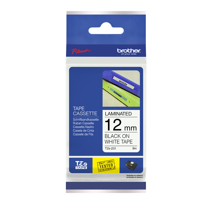 Cinta para rotuladora Brother TZe-231, laminada de 12mm. letra negra sobre fondo blanco 