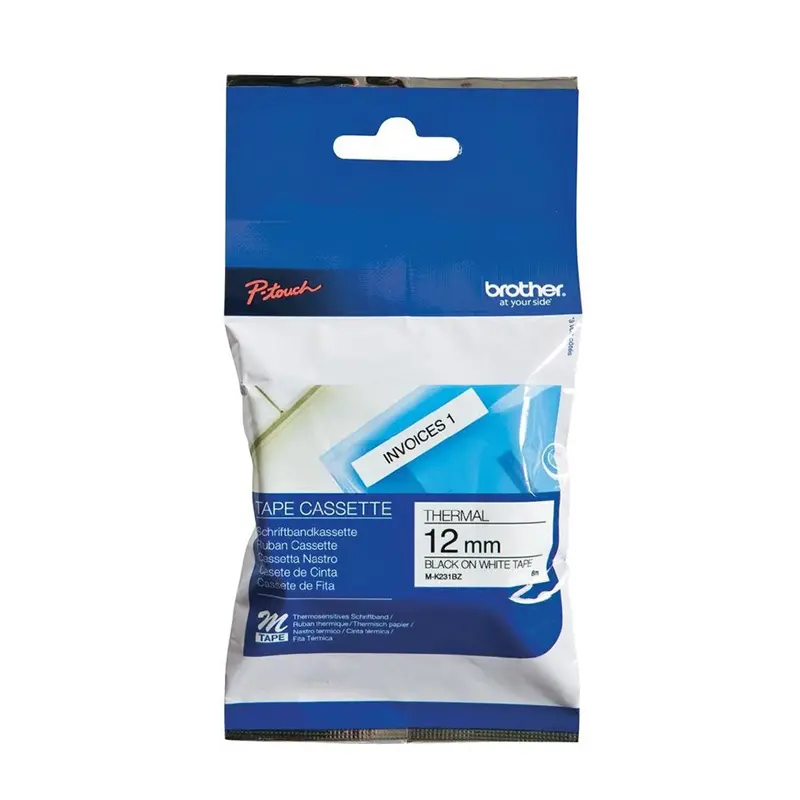 Cinta para rotuladora Brother M-K231BZ, no laminada de 12mm. letra negra sobre fondo blanco