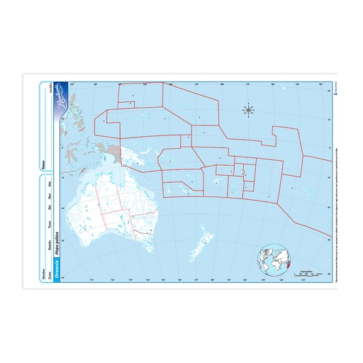 [RIVMAPOCEP5] Mapa Oceanía político Rivadavia N°5, block de 20 mapas