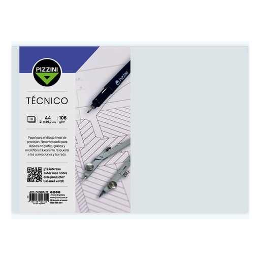 [PIZZPAPTECNA4] Hojas para dibujo técnico Pizzini A4, 106g. 29.7 x 21cm. pack de 10 unidades